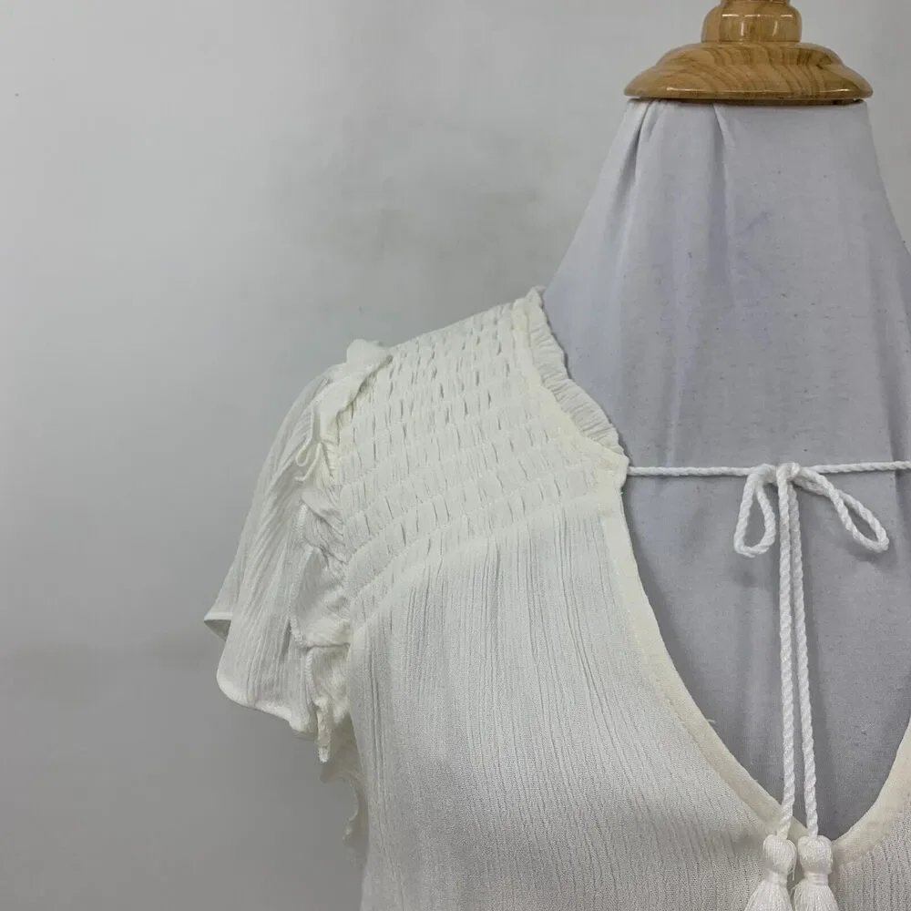 Tart Collections Smocked Waist Dress Womens M Medium White Tassel V Neck Lined